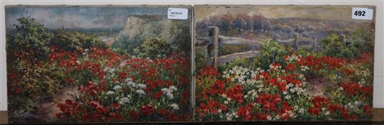 Sidney Shelton (fl. 1881-1889), Poppies by a Coastal Path and companion piece, a pair, 23 x 35.5cm